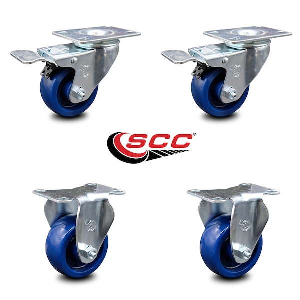 3 Inch Solid Polyurethane Swivel Top Plate Caster Lock Brakes 2 Rigid SCC, 2PK